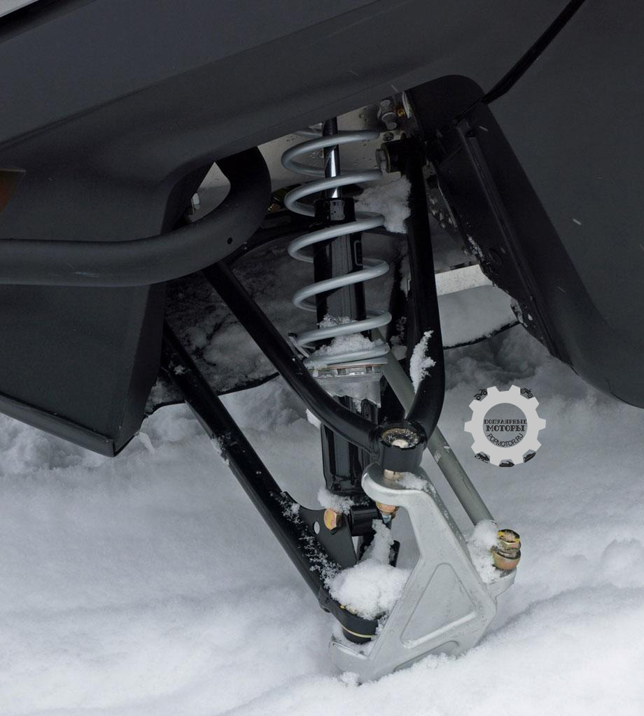 Ski-Doo используют переднюю подвеску на сдвоенных A-образных рычагах с подпружиненными амортизаторами Motion Control, которые контролируют 211 миллиметров хода.