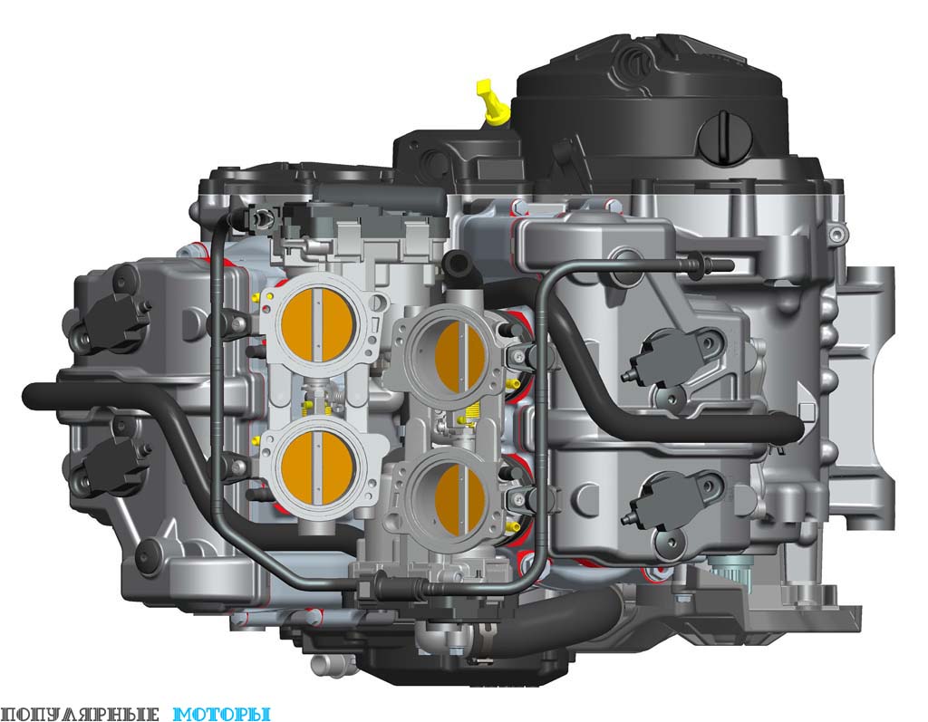 Четырёхцилиндровый двигатель Aprilia — настоящий шедевр конструкторского мастерства. Обратите внимание, как два блока корпусов дроссельной заслонки смешены для максимальной компактности 65-градусной V-образной конструкции. Кроме того, мотор издаёт невероятно приятный уху звук выхлопа.